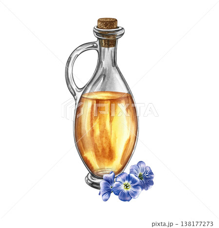 Flaxseed oil. Hand-drawn watercolor illustration. Glass bottle of oil and flax flowers. Element of design for labels and packaging, banners, posters, and more. Flaxseed oil. Hand-drawn watercolor illustration. Glass bottle of oil and flax flowers. Element of design for labels and packaging, banners, posters, and more. 138177273