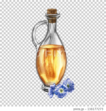 Flaxseed oil. Hand-drawn watercolor illustration. Glass bottle of oil and flax flowers. Element of design for labels and packaging, banners, posters, and more. Flaxseed oil. Hand-drawn watercolor illustration. Glass bottle of oil and flax flowers. Element of design for labels and packaging, banners, posters, and more. 138177273