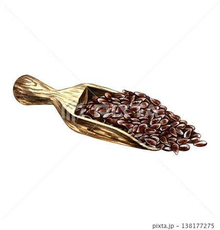 Flaxseed in a wooden scoop. Hand-drawn watercolor illustration. Element of label and packaging design, as well as banners, posters, and more. Flaxseed in a wooden scoop. Hand-drawn watercolor illustration. Element of label and packaging design, as well as banners, posters, and more. 138177275