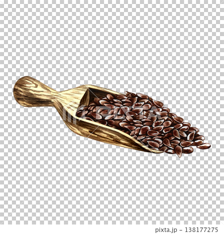 Flaxseed in a wooden scoop. Hand-drawn watercolor illustration. Element of label and packaging design, as well as banners, posters, and more. Flaxseed in a wooden scoop. Hand-drawn watercolor illustration. Element of label and packaging design, as well as banners, posters, and more. 138177275