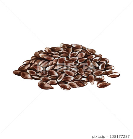 Flaxseed. Hand-drawn watercolor illustration. A handful of flaxseed. Design element for labels and packaging, as well as for banners, posters, and more. 138177287