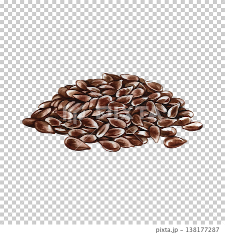 Flaxseed. Hand-drawn watercolor illustration. A handful of flaxseed. Design element for labels and packaging, as well as for banners, posters, and more. 138177287