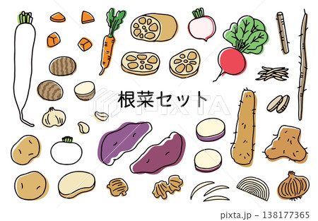 ごぼうやさつまいもなどの根菜イラストセット 138177365