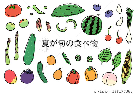 梅やブルーベリーなどの夏が旬の食べ物イラストセット 138177366