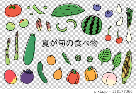 梅やブルーベリーなどの夏が旬の食べ物イラストセット 138177366