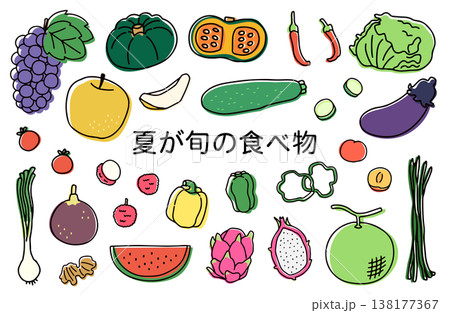かぼちゃや梨などの夏が旬の食べ物イラストセット 138177367