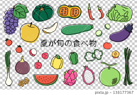かぼちゃや梨などの夏が旬の食べ物イラストセット 138177367
