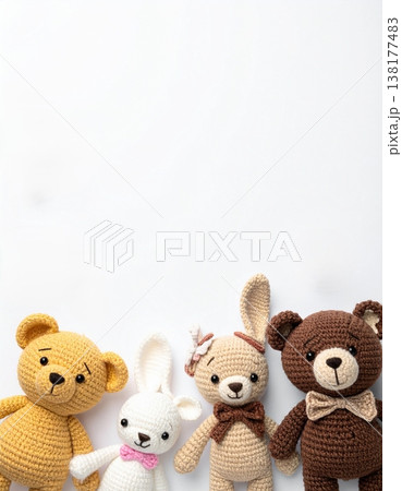 knitted bear dolls and animals in a flat lay with copy space for tex knitted bear dolls and animals in a flat lay with copy space for tex 138177483