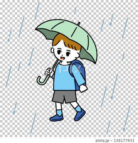 雨傘をさして登校する男の子 138177631