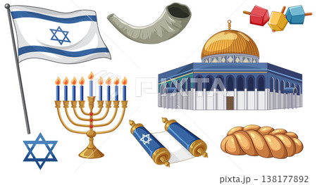 Collection of Jewish Religious Symbols and Cultural Icons on White Background 138177892