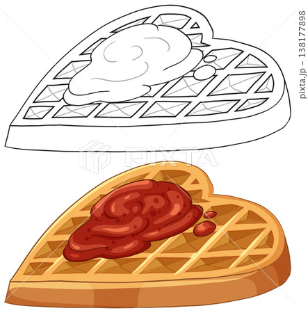 Heart Shaped Waffle with Strawberry Jam Topping Vector Illustration 138177898