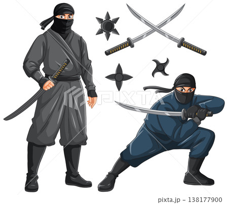 Japanese Ninja Warriors with Katana Swords and Shuriken Throwing Stars 138177900