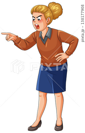 Angry Woman Pointing Finger in Flat Cartoon Style 138177908