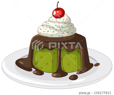 Matcha Green Tea Cake with Chocolate Glaze and Whipped Cream Matcha Green Tea Cake with Chocolate Glaze and Whipped Cream 138177911