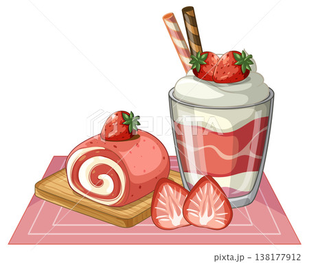 Strawberry Swiss Roll Cake and Parfait Dessert with Whipped Cream 138177912