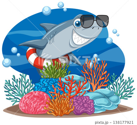 Cartoon Shark Wearing Sunglasses and Lifebuoy Swimming Near Coral Reef 138177921