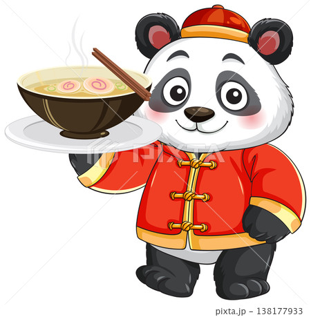 Cartoon Panda Character Holding a Bowl of Hot Noodle Soup Cartoon Panda Character Holding a Bowl of Hot Noodle Soup 138177933
