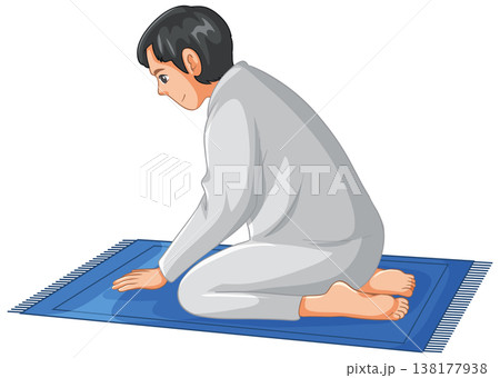 Muslim Man Kneeling on Prayer Mat in Traditional Islamic Prayer Position 138177938
