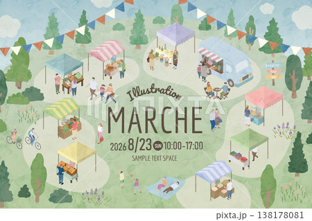出店と人々が集まるマルシェのアイソメトリック水彩イラスト 出店と人々が集まるマルシェのアイソメトリック水彩イラスト 138178081