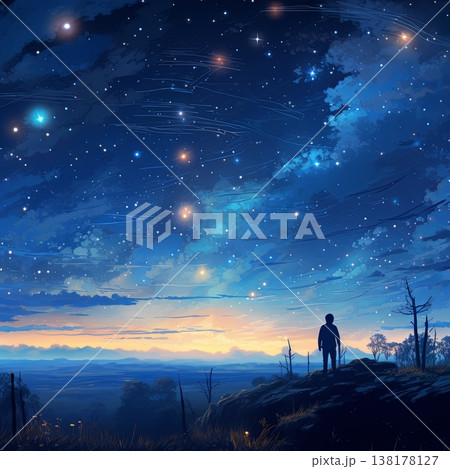 Contemplative Figure Gazing at a Starry Night Sky with Celestial Wonders and Dreamlike Landscape 138178127