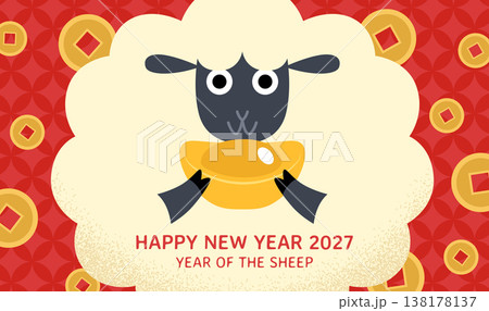 Zodiac sheep holding sycee ingot with lucky coins in background Zodiac sheep holding sycee ingot with lucky coins in background 138178137