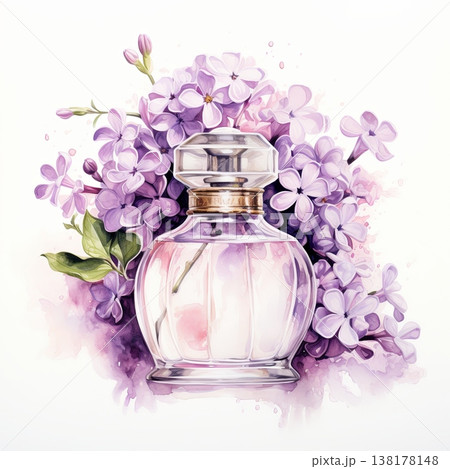 Elegant Clear Round Glass Perfume Bottle with Gold Cap and Purple Floral Design on White Background 138178148