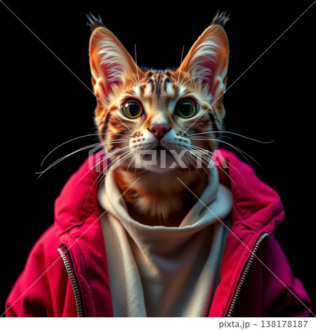 鮮やかなベリーレッドのパーカーを着こなす、知的な眼差しを向けたベンガル猫の擬人化イラスト 鮮やかなベリーレッドのパーカーを着こなす、知的な眼差しを向けたベンガル猫の擬人化イラスト 138178187