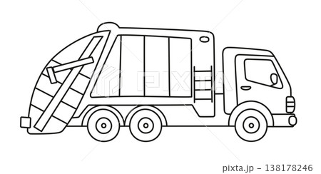 Black and white garbage truck outline icon, clean simple line art for kids coloring pages. City transport and waste collection, children vector illustration, isolated clipart on white background 138178246