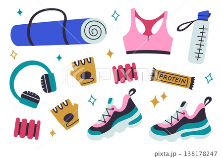 Fitness set with sport mat, women top, sneakers, wrist and ankle weights, protein bar, water bottle, headphones. Stylish workout accessories and activewear, healthy lifestyle vector illustration 138178247