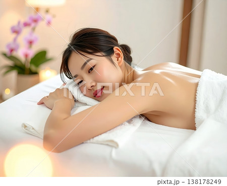 エステサロンで施術を受け心地よい眠りにつく若い日本人女性のクローズアップ 138178249