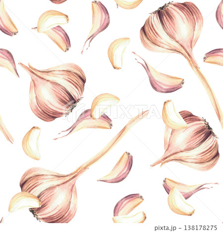 Watercolor Garlic seamless pattern. Hand drawn whole bulb with cloves. Realistic painting fresh and dried vegetables or fragrant herbs. Illustration isolated from background. Culinary seasoning fabric Watercolor Garlic seamless pattern. Hand drawn whole bulb with cloves. Realistic painting fresh and dried vegetables or fragrant herbs. Illustration isolated from background. Culinary seasoning fabric 138178275