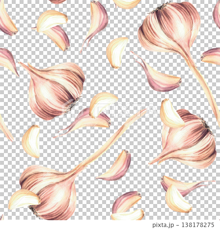 Watercolor Garlic seamless pattern. Hand drawn whole bulb with cloves. Realistic painting fresh and dried vegetables or fragrant herbs. Illustration isolated from background. Culinary seasoning fabric Watercolor Garlic seamless pattern. Hand drawn whole bulb with cloves. Realistic painting fresh and dried vegetables or fragrant herbs. Illustration isolated from background. Culinary seasoning fabric 138178275