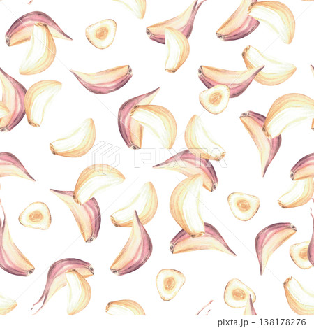 Watercolor Garlic seamless pattern. Whole and cut sliced garlic cloves. Fragrant vegetables, food seasoning. Hand painted illustration isolated from background for packaging, kitchen fabric, wallpaper 138178276