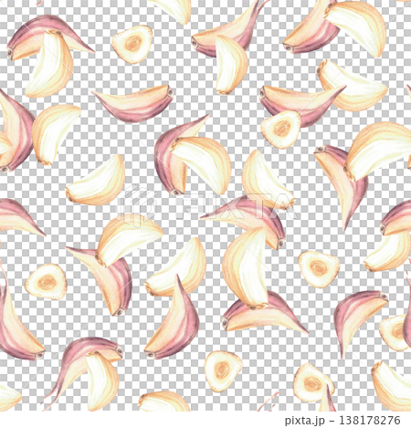Watercolor Garlic seamless pattern. Whole and cut sliced garlic cloves. Fragrant vegetables, food seasoning. Hand painted illustration isolated from background for packaging, kitchen fabric, wallpaper 138178276