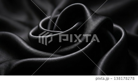 Luxurious Black Satin Textile Curled into an Abstract Rose with Soft Lighting Luxurious Black Satin Textile Curled into an Abstract Rose with Soft Lighting 138178278