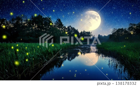 満天の星空と満月の夜に川辺を飛ぶ無数のホタルの光 満天の星空と満月の夜に川辺を飛ぶ無数のホタルの光 138178332