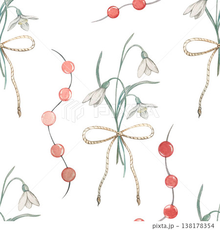 spring flower snowdrop with tied bow seamless pattern watercolor illustration spring flower snowdrop with tied bow seamless pattern watercolor illustration 138178354