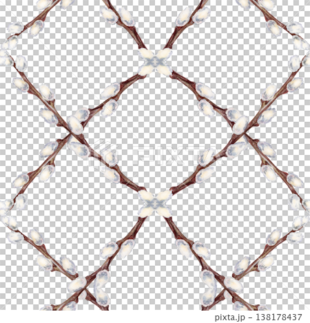 Seamless watercolor pattern with pussy willow branches arranged in geometric diamond lattice. Elegant minimal spring design with soft neutral tones, perfect for textiles, wrapping paper, Easter decor Seamless watercolor pattern with pussy willow branches arranged in geometric diamond lattice. Elegant minimal spring design with soft neutral tones, perfect for textiles, wrapping paper, Easter decor 138178437