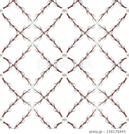 Seamless watercolor pattern with pussy willow branches arranged in geometric diamond lattice. Elegant minimal spring design with soft neutral tones, perfect for textiles, wrapping paper, Easter decor Seamless watercolor pattern with pussy willow branches arranged in geometric diamond lattice. Elegant minimal spring design with soft neutral tones, perfect for textiles, wrapping paper, Easter decor 138178445