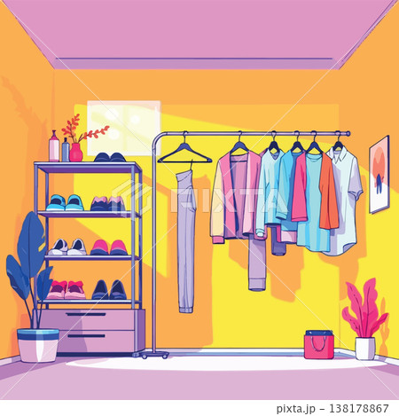 Vsai organized closet interior showing modern fashion clothes Vsai organized closet interior showing modern fashion clothes 138178867