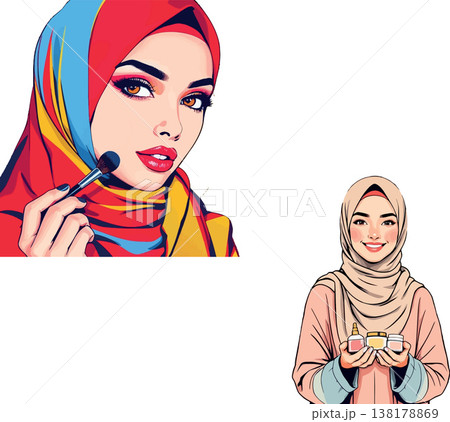 Vsai muslim woman applying makeup and presenting skincare products Vsai muslim woman applying makeup and presenting skincare products 138178869