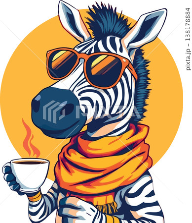 Vsai zebra wearing sunglasses and scarf drinking coffee Vsai zebra wearing sunglasses and scarf drinking coffee 138178884
