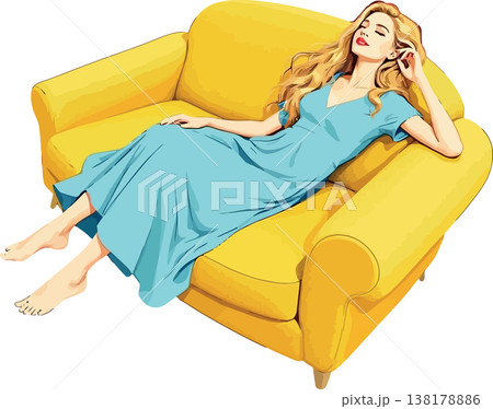 Vsai woman relaxing on yellow couch feeling peaceful and calm Vsai woman relaxing on yellow couch feeling peaceful and calm 138178886