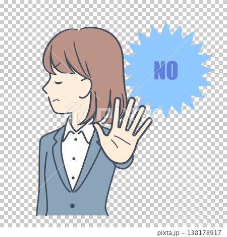 An illustration of a young businesswoman with her palms outstretched in rejection; upper body only. An illustration of a young businesswoman with her palms outstretched in rejection; upper body only. 138178917
