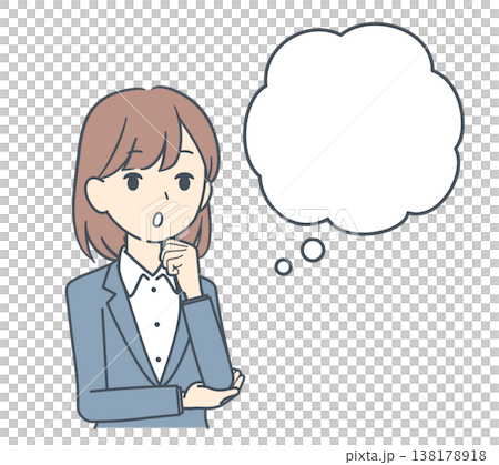 一幅年輕女商人的插圖，她手托下巴，正在沉思（上半身），旁邊有一個對話框。 138178918