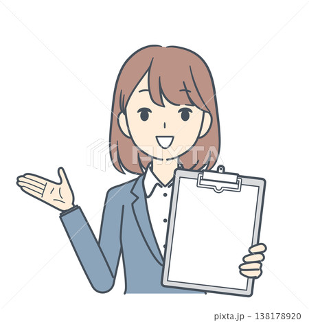 クリップボードを見せて話す若いビジネスウーマンのイラスト　上半身 138178920