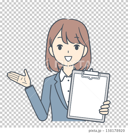 クリップボードを見せて話す若いビジネスウーマンのイラスト　上半身 138178920