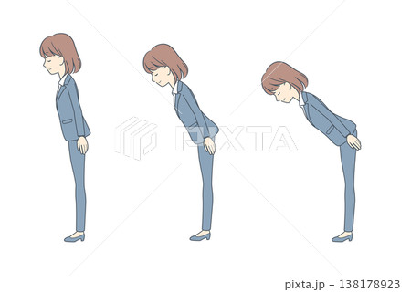 お辞儀をする角度のイラストセット 若いビジネスウーマン お辞儀をする角度のイラストセット 若いビジネスウーマン 138178923