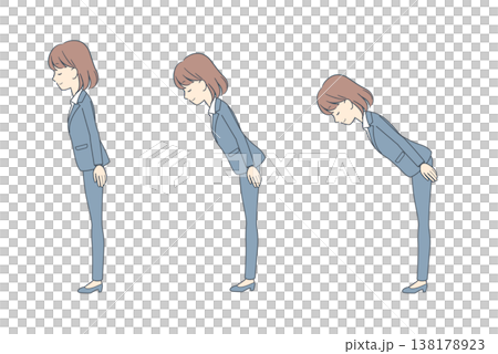 お辞儀をする角度のイラストセット 若いビジネスウーマン お辞儀をする角度のイラストセット 若いビジネスウーマン 138178923