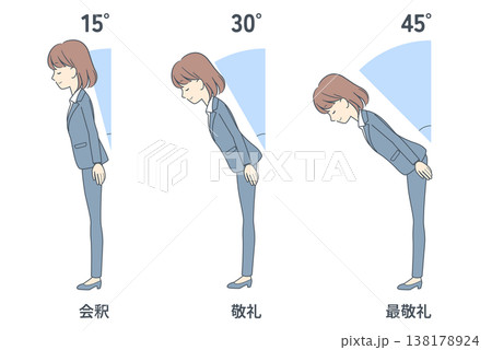 お辞儀をする角度のイラストセット 若いビジネスウーマン お辞儀をする角度のイラストセット 若いビジネスウーマン 138178924